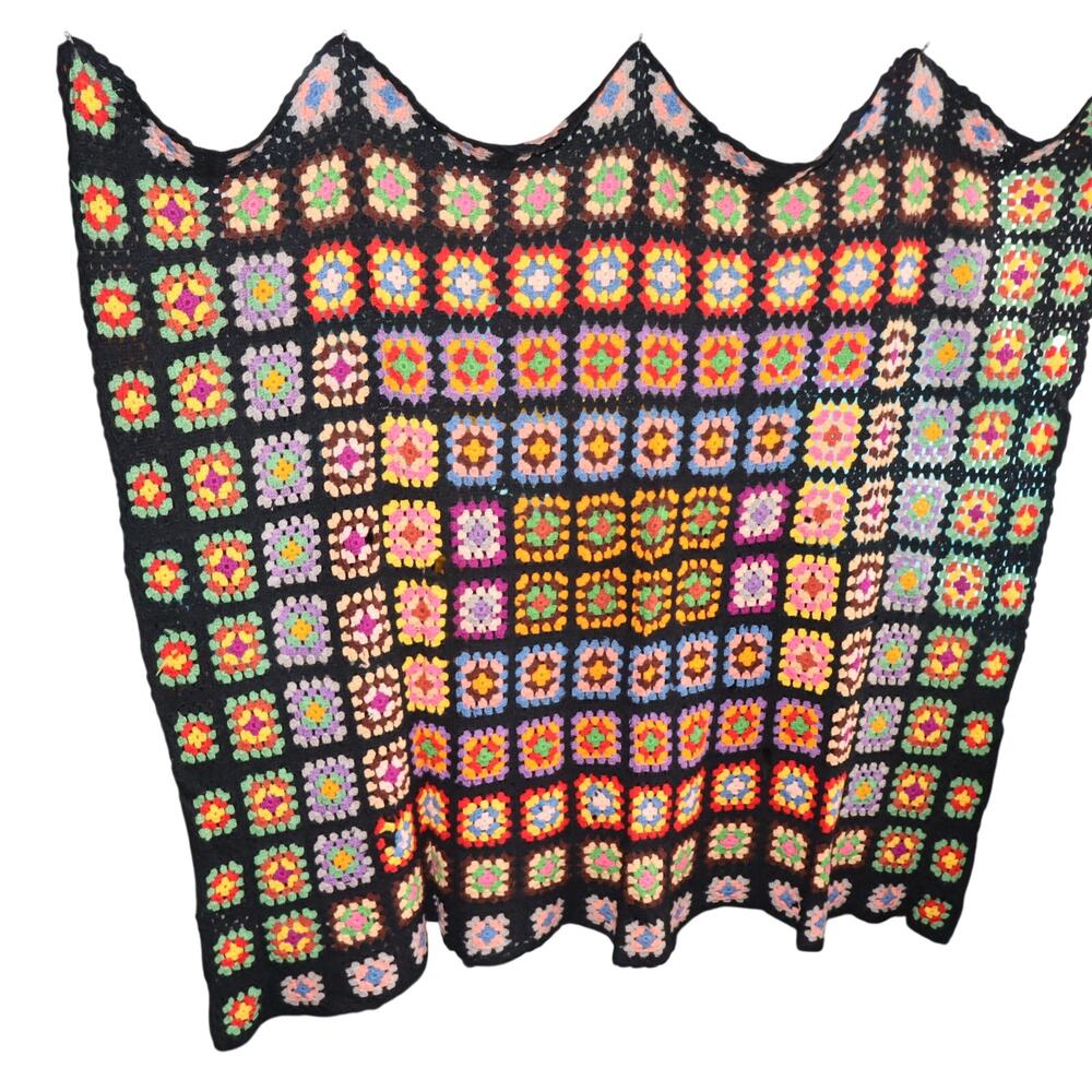 Vintage Granny Square Crochet‎ Blanket 60x50 Black Multicolor